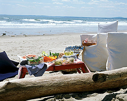 野餐,海洋,桌子,白色,椅子,餐具