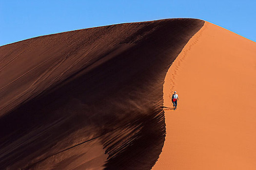 男人,走,沙丘,索苏维来地区,纳米布沙漠,纳米比诺克陆夫国家公园,纳米比亚,非洲