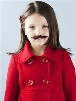 女孩,6-7岁,红色,外套,穿,假的,胡须,肖像