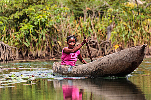 非洲,利比里亚,蒙罗维亚,女人,划船,传统,独木舟,河