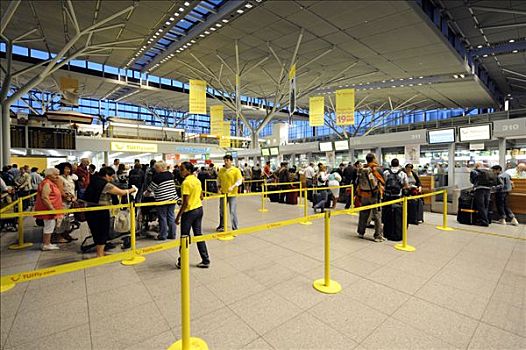 乘客,等待,队列,登记,台案,斯图加特,机场,巴登符腾堡,德国,欧洲