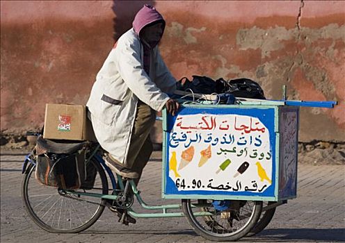 摩洛哥,玛拉喀什,冰淇淋,销售,递送,三轮车,正面,城墙
