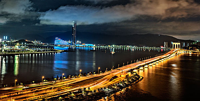 澳门,海面,夜景,灯光,大桥