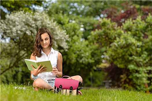 少女,读,书本,坐,公园