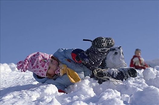孩子,雪撬,滑雪橇,雪橇