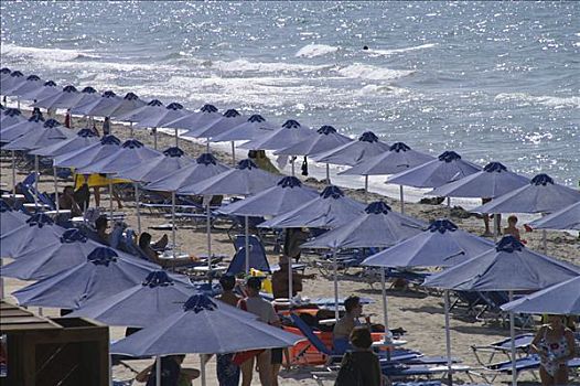 蓝色,伞,海滩,多德卡尼斯群岛,希腊