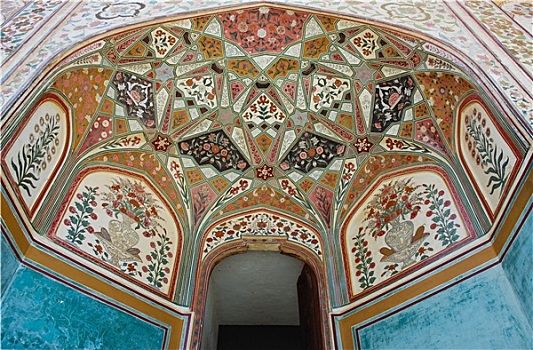 特写,绘画,装饰,墙壁,天花板,琥珀宫,斋浦尔,拉贾斯坦邦,印度
