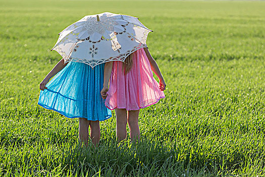 双胞胎,姐妹,站立,晴朗,地点,伞
