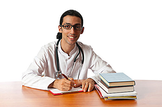 博士,坐,书桌,白色背景