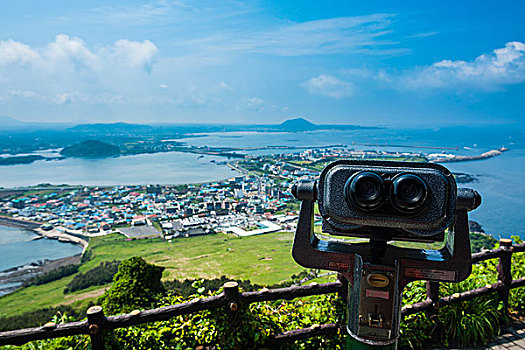 双筒望远镜,上面,日出,顶峰,世界遗产,济州岛,岛屿,韩国