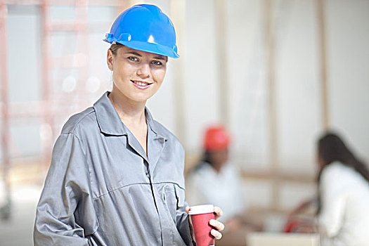 微笑,女性,建筑工人,咖啡