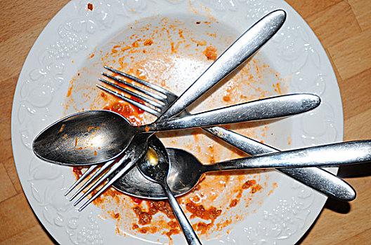勺子,叉子,盘子,污渍,西红柿,酱,吃,许多,意大利面