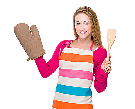 女人,穿戴,烤箱手套,木质,长柄勺