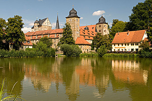 水塘,正面,图尔瑙,城堡,弗兰哥尼阶,瑞士,弗兰克尼亚,巴伐利亚,德国,欧洲
