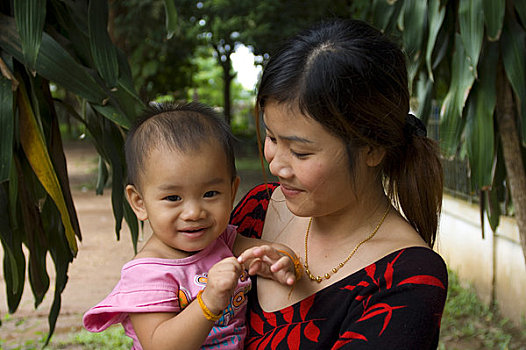 老挝,万象,街景,母女