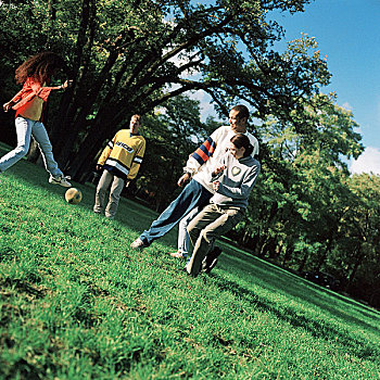 年轻人,踢,足球,草地