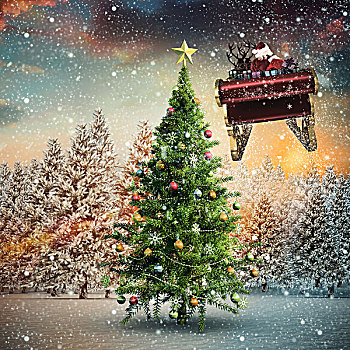 合成效果,图像,圣诞老人,飞,雪撬,圣诞树,雪景