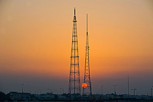 巨大,电,高压电塔,正面,太阳,多哈,卡塔尔,阿拉伯半岛,中东