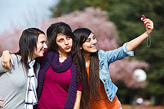 波特兰,俄勒冈,美国,三个,女青年,相机,可笑,公园