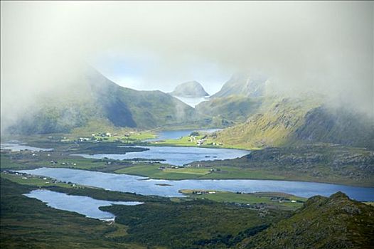 风景,山峦,湖,太阳,雾,顶峰,罗弗敦群岛,挪威