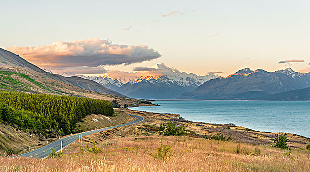 道路,风景,库克山,日落,普卡基湖,库克山国家公园,南阿尔卑斯山,坎特伯雷,南岛,新西兰,大洋洲