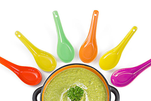 绿色,奶油稀汤,彩色,勺子,隔绝,上方,白色