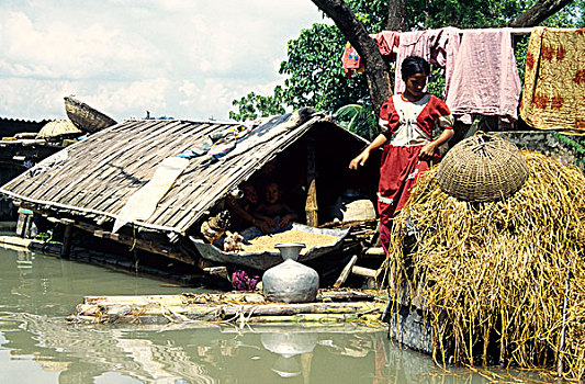 乡村,女孩,漂浮,香蕉,筏子,收集,淡水,洪水,孟加拉,九月,1998年