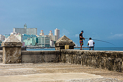 古巴,哈瓦那,马雷贡,岸边,道路,垂钓
