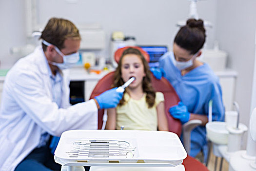 特写,牙科工具,诊所,牙医,检查,孩子,病人,背景