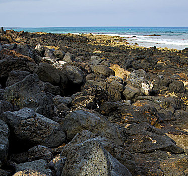 兰索罗特岛,岛,泡沫,石头,西班牙,风景,天空,云,海滩,水