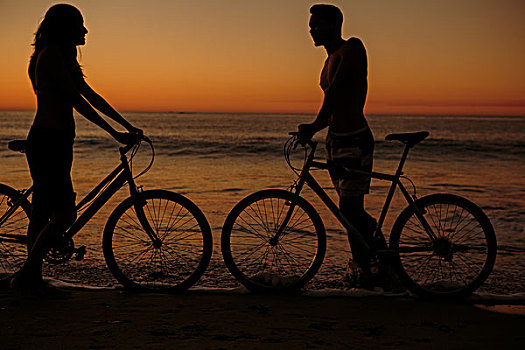 剪影,自行车,海滩,日落