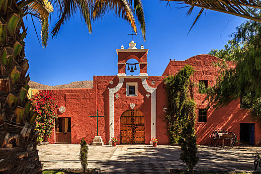 红色,墙壁,西班牙,天主教,小教堂,棕榈树,树,花,阿雷基帕,秘鲁