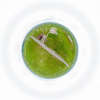 小行星视角,航拍内蒙古乌兰察布辉腾锡勒草原x560县道道路球形全景图
