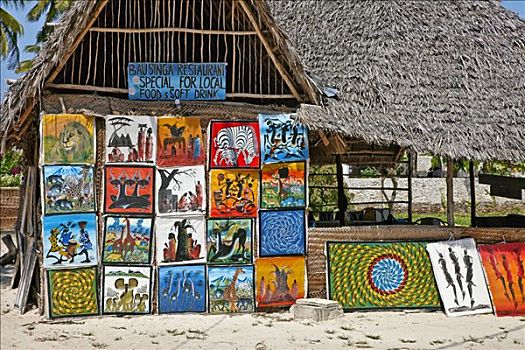 坦桑尼亚,桑给巴尔岛,餐馆,销售,绘画,艺术家,靠近,海滩,东南部,岛屿