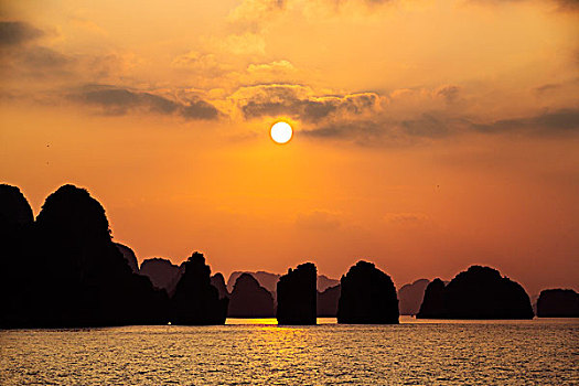 越南,广宁省,下龙湾,日落,两个,石灰岩,岛屿,壮观,世界遗产