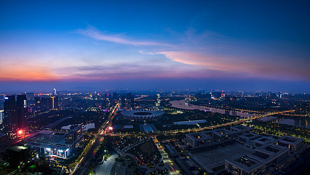 中国广东佛山世纪莲体育中心航拍夜景