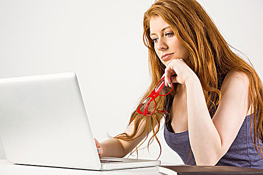 漂亮,红发,工作,笔记本电脑