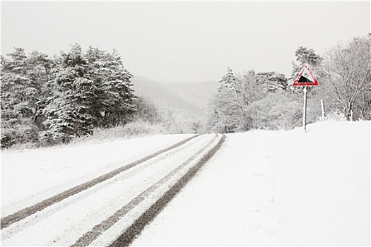 雪,乡间小路,交通标志,下坡,冬天