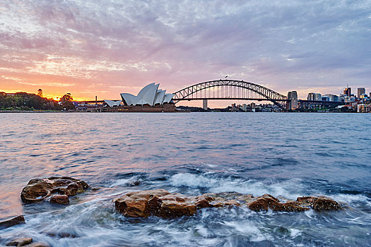 悉尼,歌剧院,海港大桥,摩天大楼,黄昏,新南威尔士,澳大利亚,大洋洲
