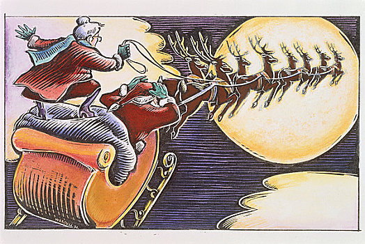 插画,圣诞老人,驯鹿