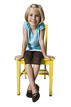 女孩,坐,黄色,椅子