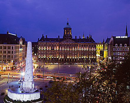 皇宫,坝,广场,夜晚,阿姆斯特丹,荷兰