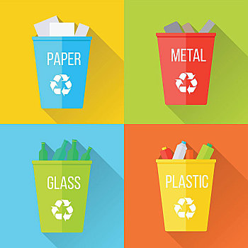 彩色,再生,垃圾箱,玻璃,纸,塑料制品,金属,象征,长,影子,垃圾桶,垃圾,再循环,环保
