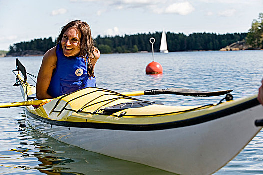 女人,皮筏艇,斯德哥尔摩群岛,瑞典