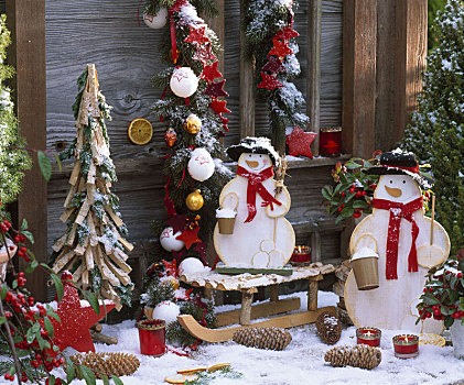 平台,靠近,圣诞树,片,木头,枝条,雪人
