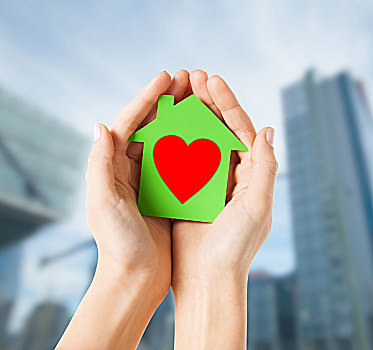 慈善,房地产,家,概念,特写,拿着,绿色,纸,房子,红色,心形