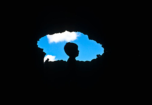 侧面,男孩,蓝天,风景,洞穴