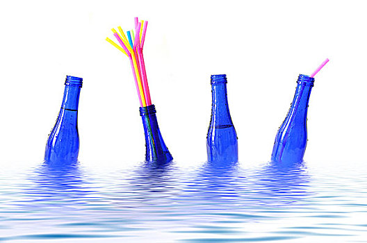 蓝色,瓶子,色彩,稻草,漂浮,水中