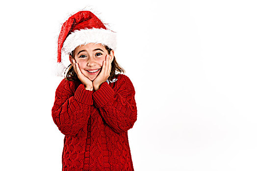 可爱,小女孩,戴着,圣诞帽,隔绝,白色背景,背景,冬服,圣诞节