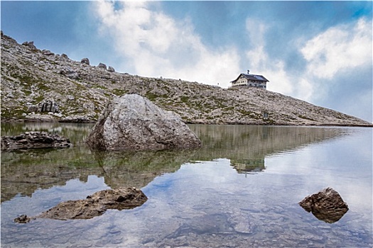 意大利阿尔卑斯山,反射,山间小屋,湖